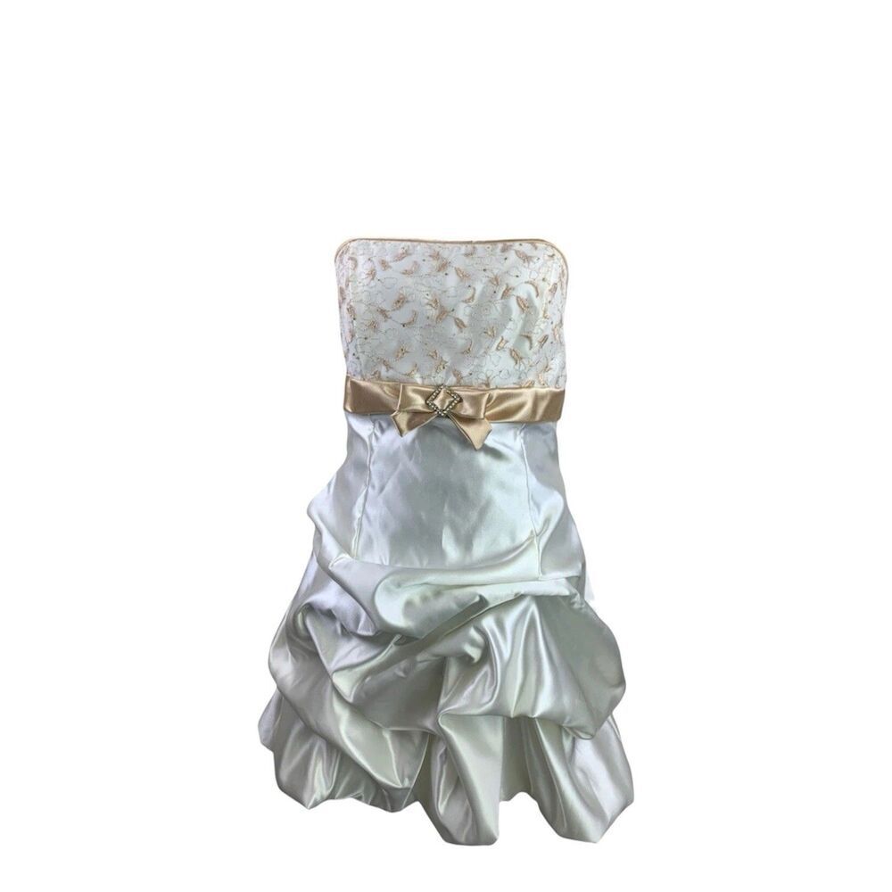 Gunne Sax Ivory & Gold Ruffled Mini Dress Bow & Embroidered Accents